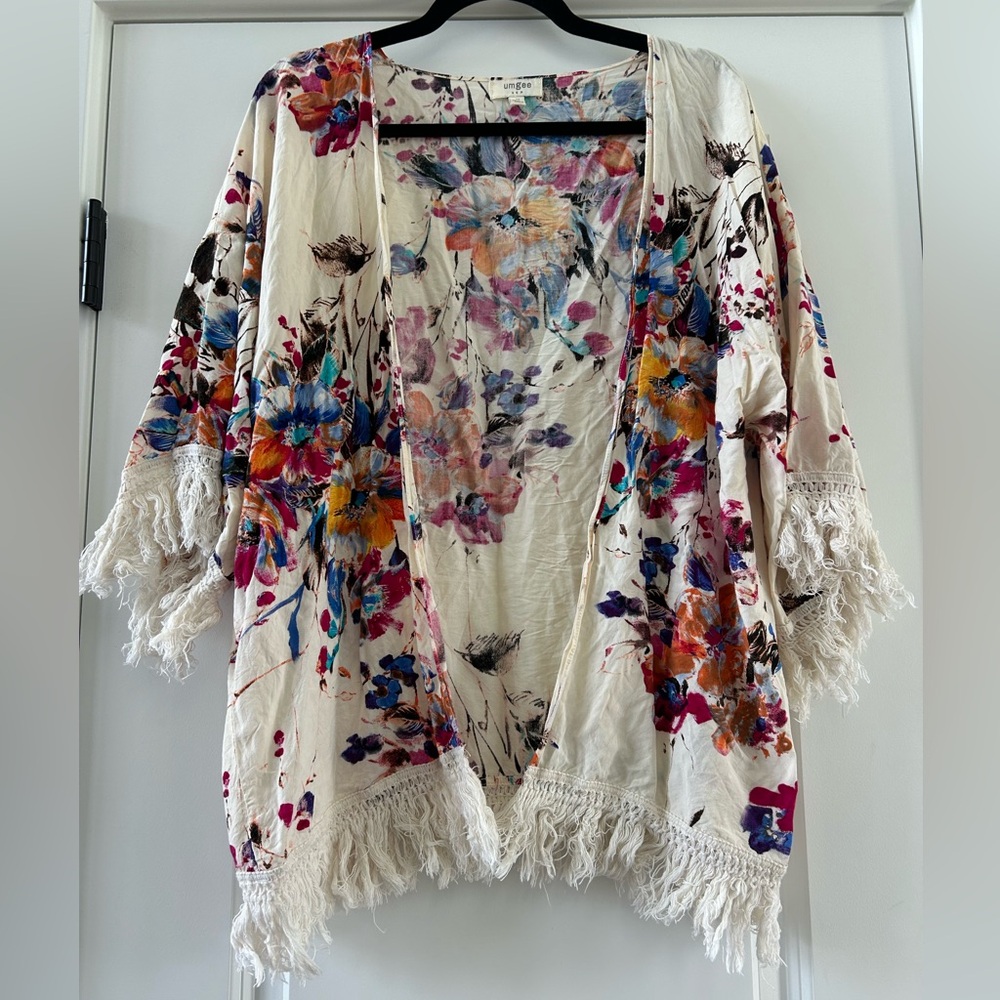 Umgee Floral Fringe Multicolor Kimono Sz M - Picture 3 of 8